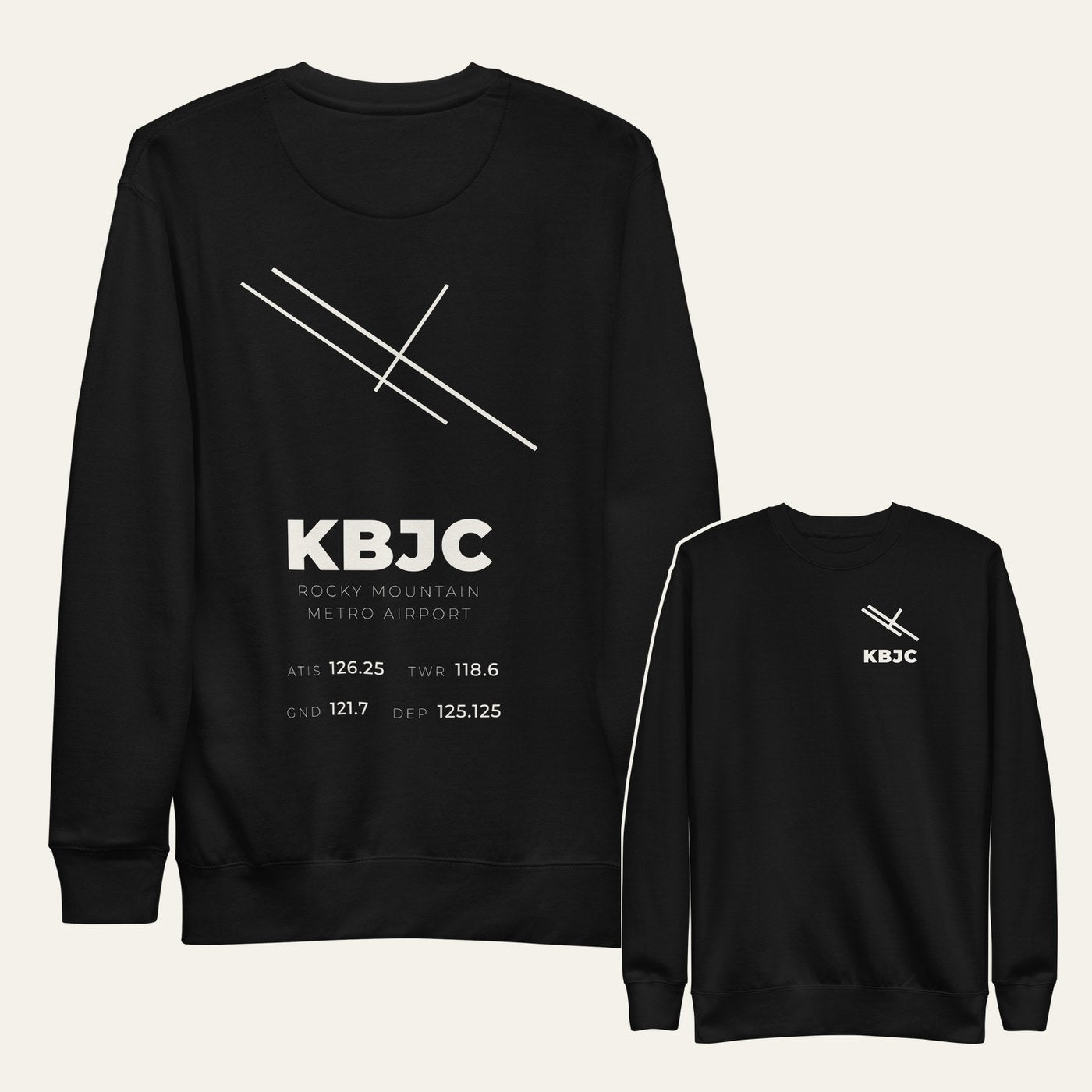 the card crewneck in black: runway diagram and airport code on the chest, the whole airport card on the back